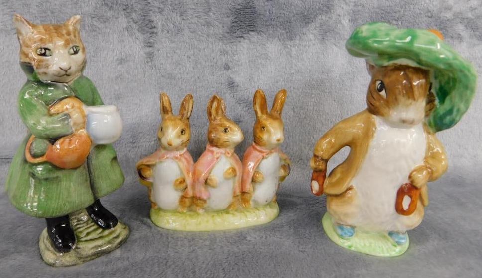 Group of 3 Beswick Beatrix Potter Figures - "Simpkin" - "Benjamin Bunny" -: "Hopsy Mopsy and Cottontail" - 2.75" to 4" Tall - See Photos For Condition and Details