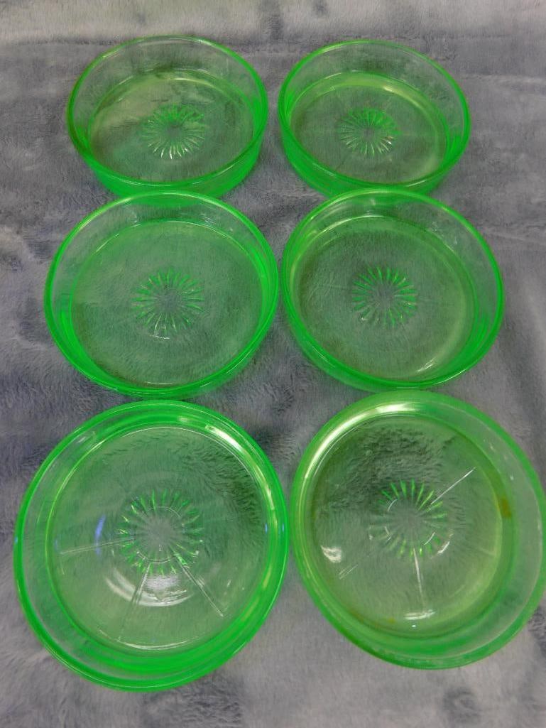 Group of 6 Uranium / Vaseline Glass 3.25" Coasters - Glow - 7