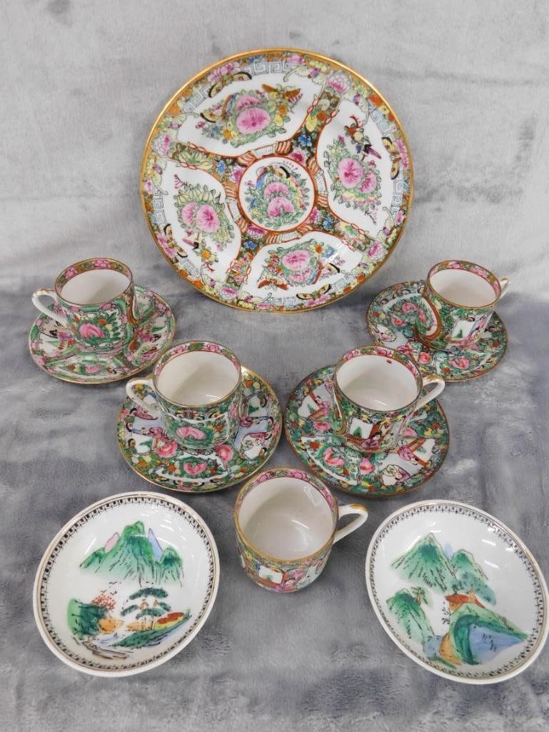 Box lot of Chinese Porcelain - 5 Demi Tasse Cups - 4 Coasters - 2-4" Fruit Dishes - 11