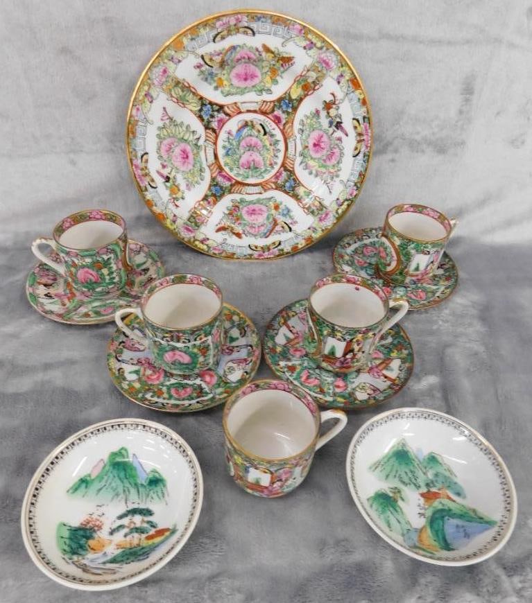 Box lot of Chinese Porcelain - 5 Demi Tasse Cups - 4 Coasters - 2-4" Fruit Dishes: 1-8" Plate - See Photos For Condition and Details