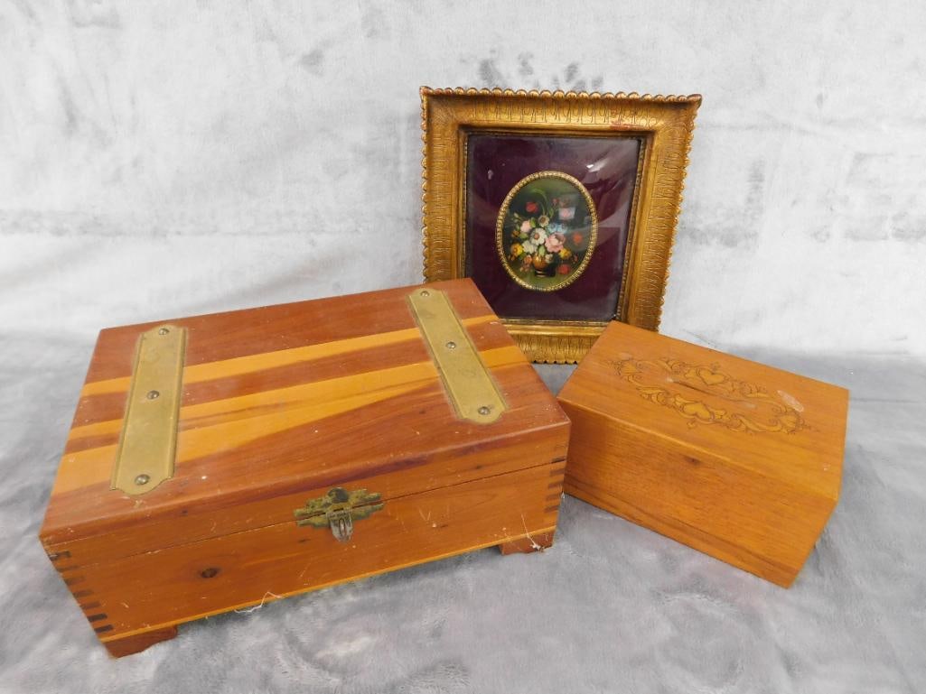 Vintage Wood Box with Mirror 3.75" x 9.25" x 6" - Wood Bank / Music Box 3" x 5.75" x 3.75" - 14