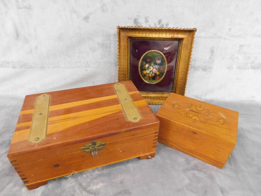 Vintage Wood Box with Mirror 3.75" x 9.25" x 6" - Wood Bank / Music Box 3" x 5.75" x 3.75" - 15
