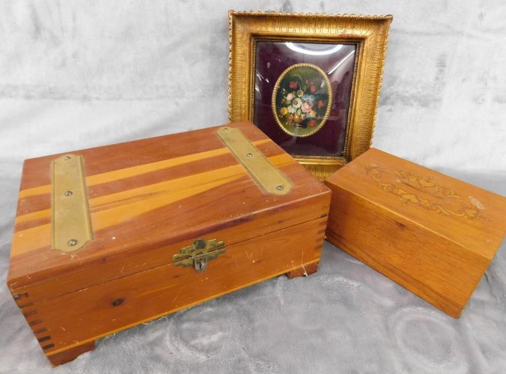 Vintage Wood Box with Mirror 3.75" x 9.25" x 6" - Wood Bank / Music Box 3" x 5.75" x 3.75": Framed Oil on Wood 8" x 7.25" - See Photos For Condition and Details