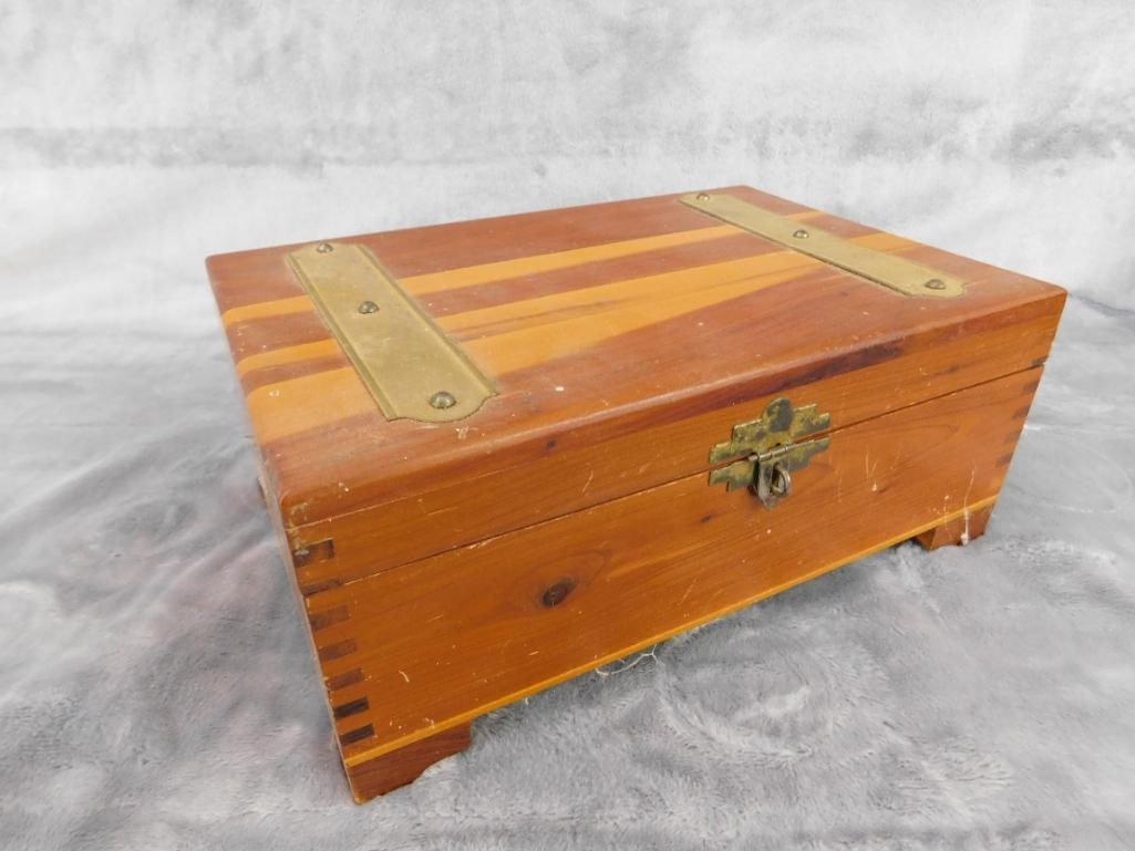 Vintage Wood Box with Mirror 3.75" x 9.25" x 6" - Wood Bank / Music Box 3" x 5.75" x 3.75" - 2