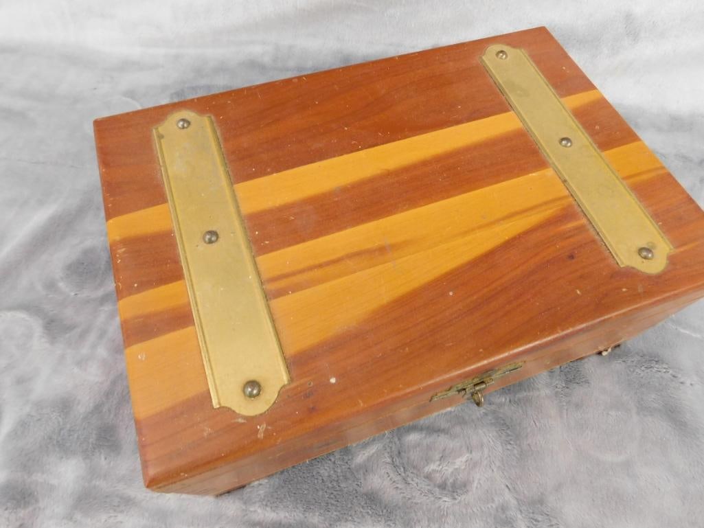 Vintage Wood Box with Mirror 3.75" x 9.25" x 6" - Wood Bank / Music Box 3" x 5.75" x 3.75" - 3