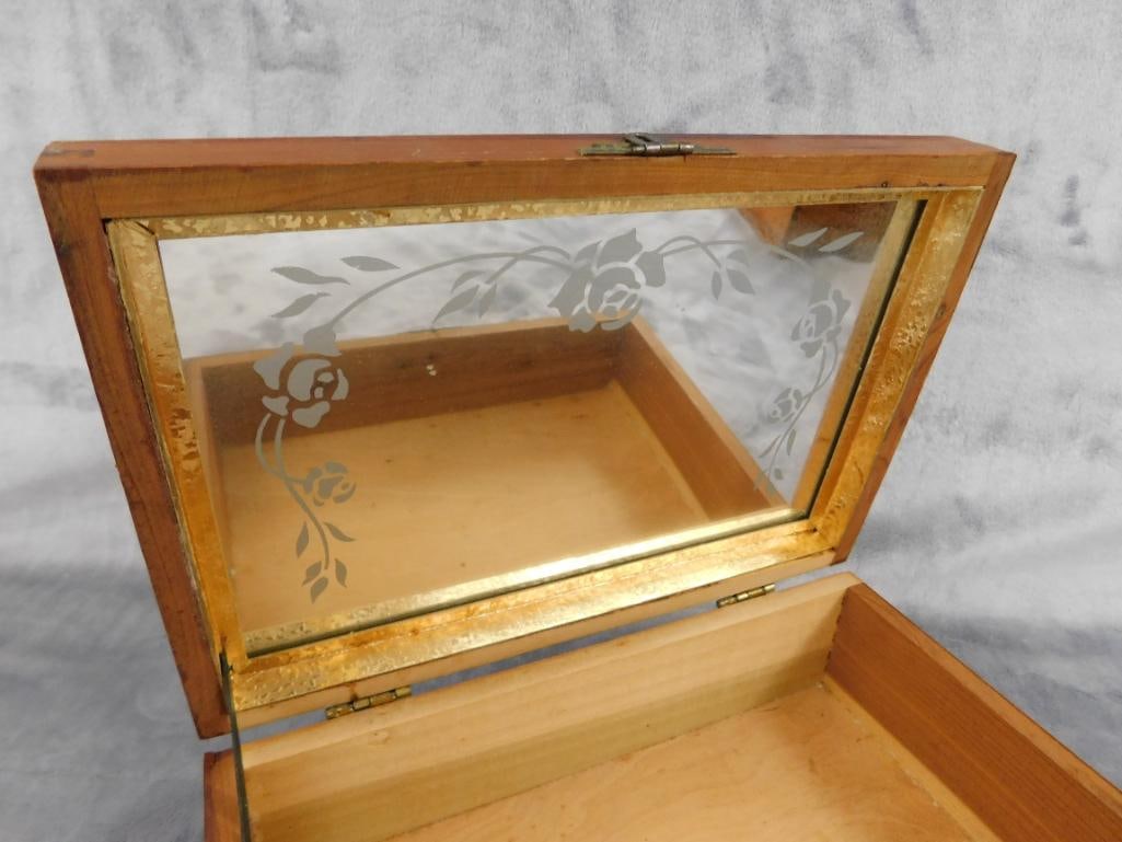Vintage Wood Box with Mirror 3.75" x 9.25" x 6" - Wood Bank / Music Box 3" x 5.75" x 3.75" - 4