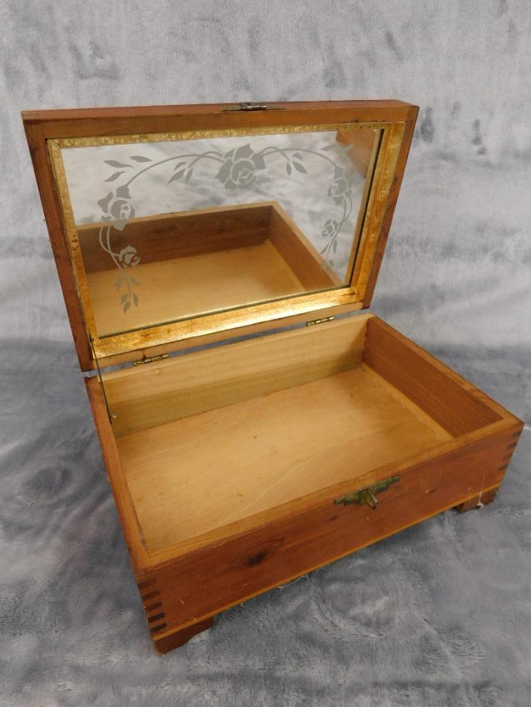 Vintage Wood Box with Mirror 3.75" x 9.25" x 6" - Wood Bank / Music Box 3" x 5.75" x 3.75" - 5