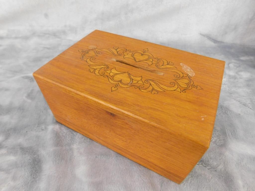 Vintage Wood Box with Mirror 3.75" x 9.25" x 6" - Wood Bank / Music Box 3" x 5.75" x 3.75" - 8