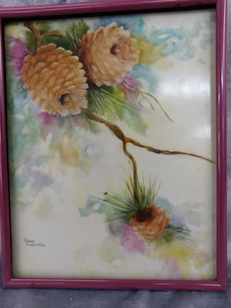 Vintage Framed Porcelain Tile - Signed Carol Catania - Seneca SC - 10.25" x 8.25" - 9
