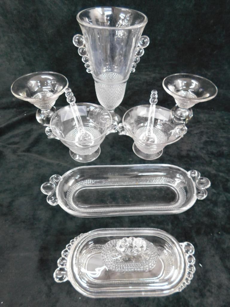 Group of 7 Duncan Miller Glass Pieces - Teardrop Pattern - Vase 8.5" x 4.75" - 10
