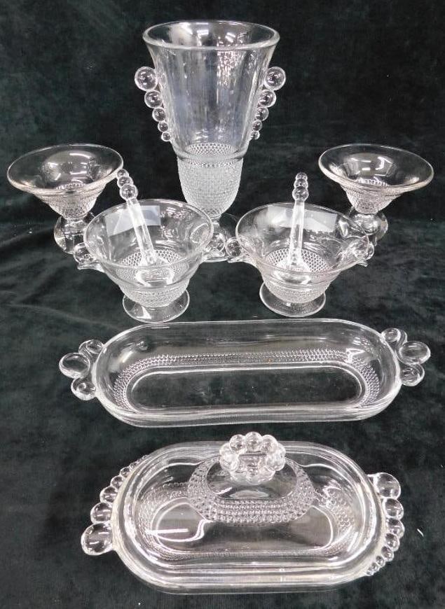 Group of 7 Duncan Miller Glass Pieces - Teardrop Pattern - Vase 8.5" x 4.75": Condiment Dishes with Spoons - Butter Dish - Oval Tray - See Photos For Condition and Details