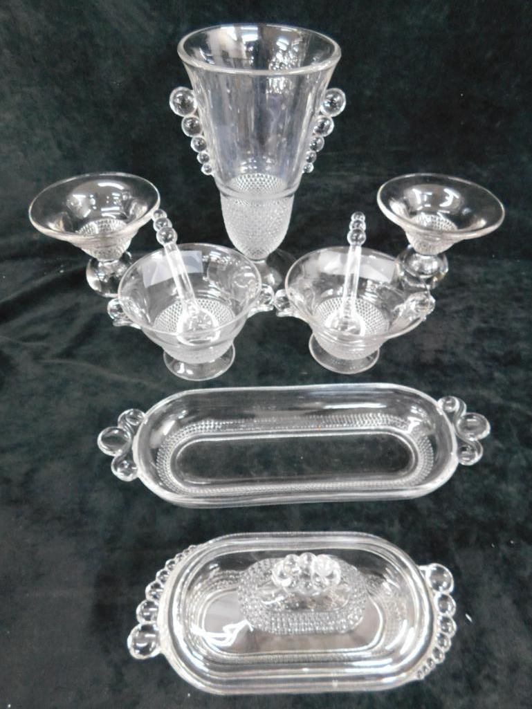 Group of 7 Duncan Miller Glass Pieces - Teardrop Pattern - Vase 8.5" x 4.75" - 9
