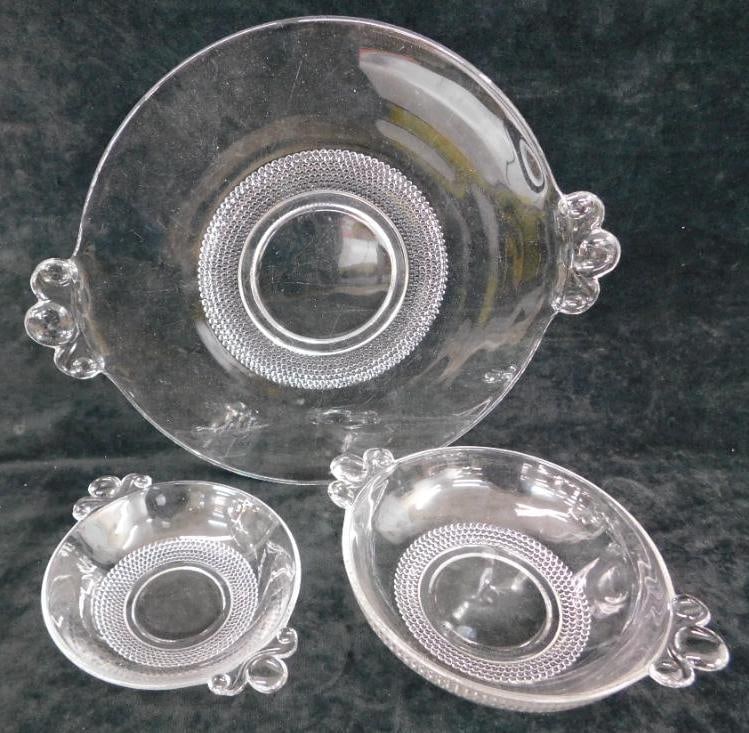 Group of 3 Duncan Miller Glass Pieces - Teardrop Pattern - 11" handled Platter: 6.5" Handled Bowl - 5.25" Handled Bowl - See Photos For Condition and Details