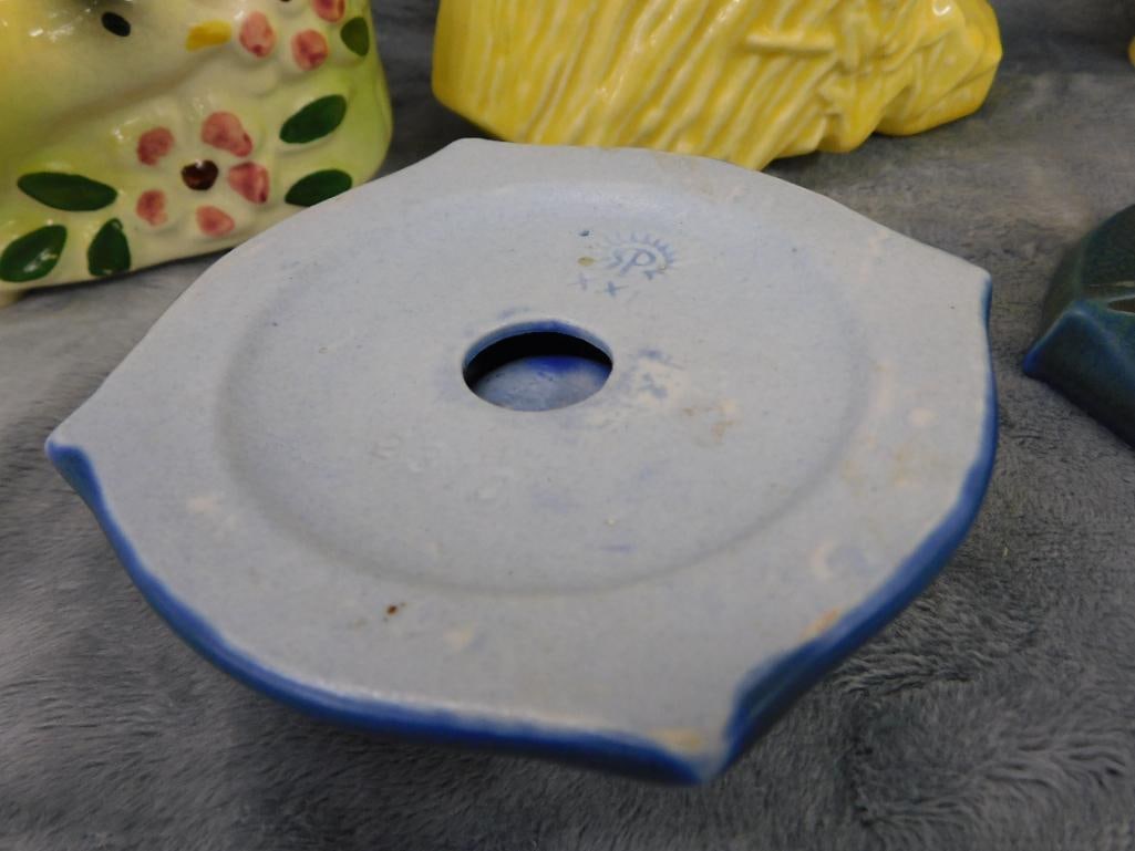 Box Lot with 2 Vintage Planters - Pair of Rookwood Candle Holders - 2 USA 4.75" Vases - 11