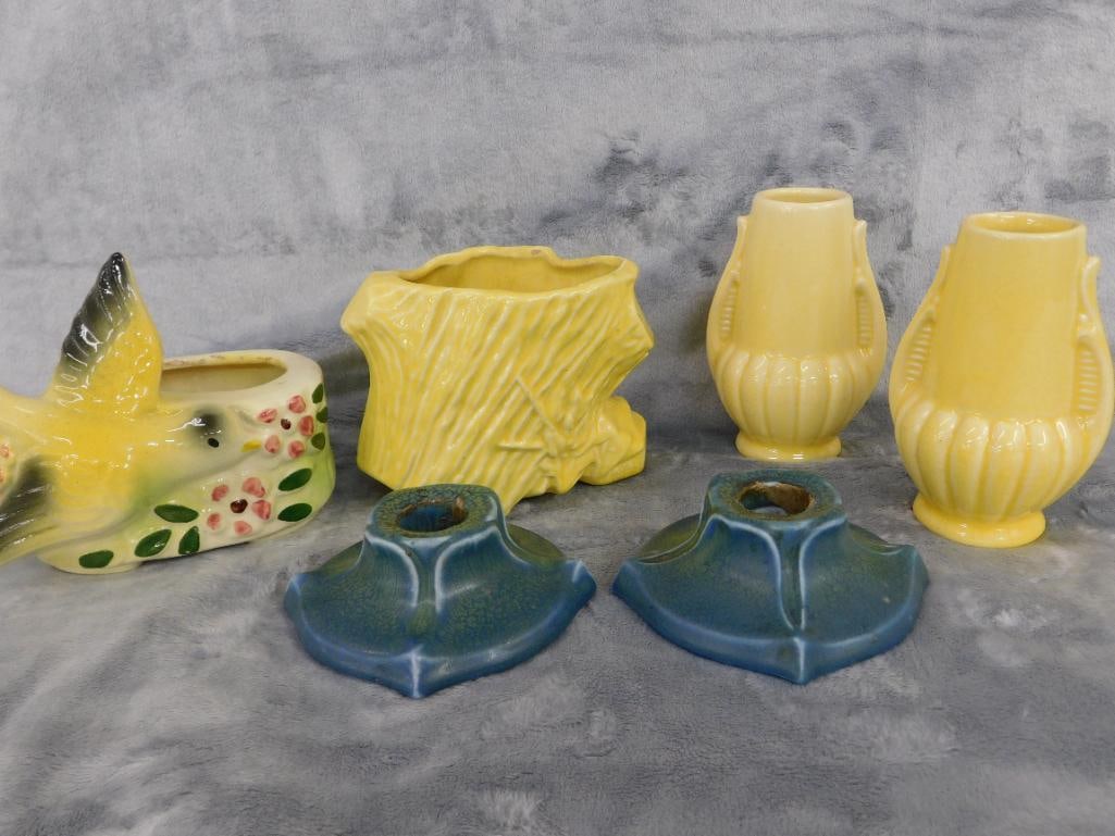 Box Lot with 2 Vintage Planters - Pair of Rookwood Candle Holders - 2 USA 4.75" Vases - 12