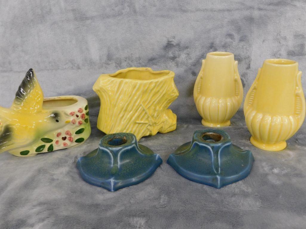 Box Lot with 2 Vintage Planters - Pair of Rookwood Candle Holders - 2 USA 4.75" Vases - 13