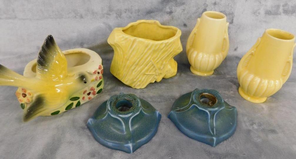 Box Lot with 2 Vintage Planters - Pair of Rookwood Candle Holders - 2 USA 4.75" Vases (1 of 13)