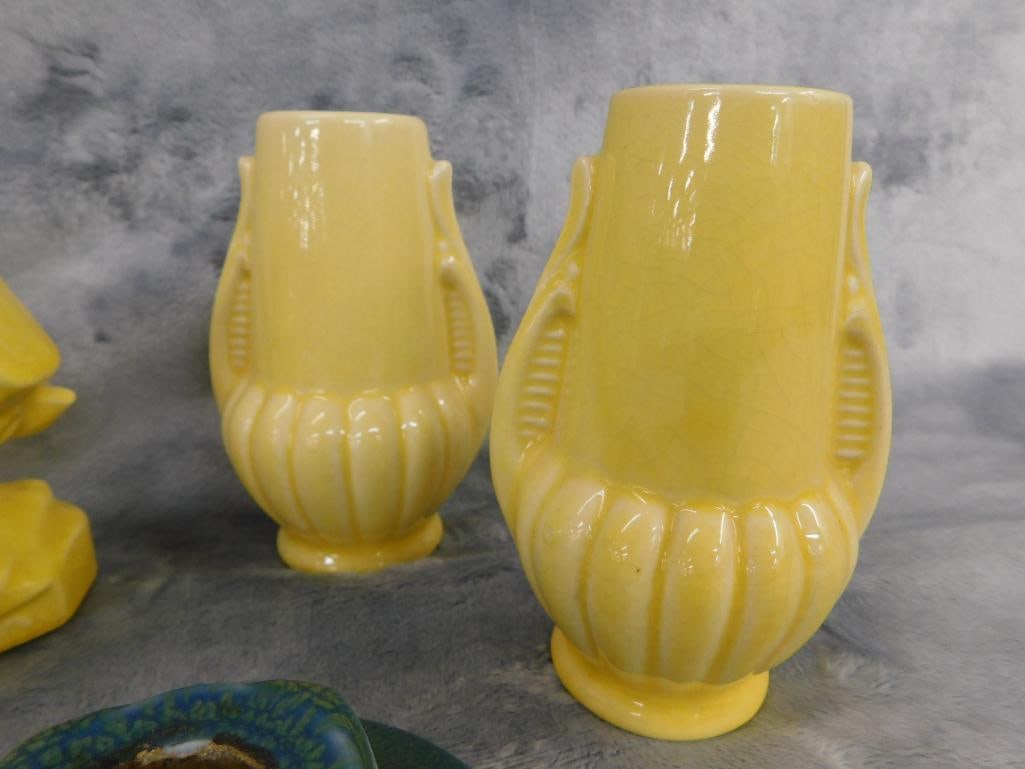 Box Lot with 2 Vintage Planters - Pair of Rookwood Candle Holders - 2 USA 4.75" Vases - 6