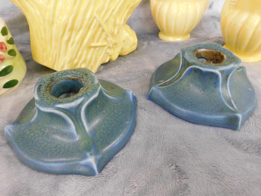 Box Lot with 2 Vintage Planters - Pair of Rookwood Candle Holders - 2 USA 4.75" Vases - 8