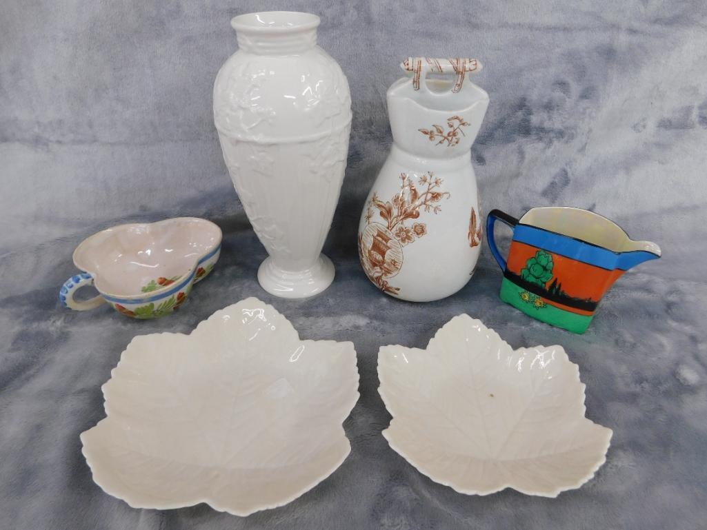 Box Lot - Wedgwood Vase - Argyle Vase - 2 Belleek Leaf Plates - Quimper Dish - 13