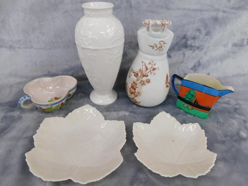 Box Lot - Wedgwood Vase - Argyle Vase - 2 Belleek Leaf Plates - Quimper Dish - 14