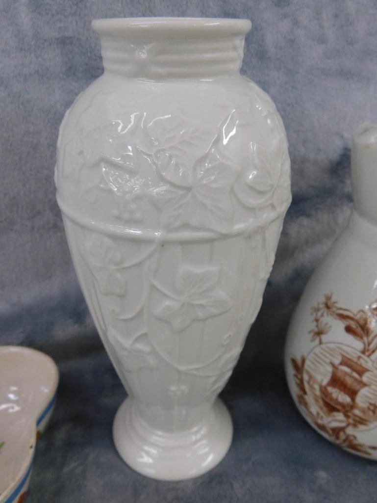 Box Lot - Wedgwood Vase - Argyle Vase - 2 Belleek Leaf Plates - Quimper Dish - 2