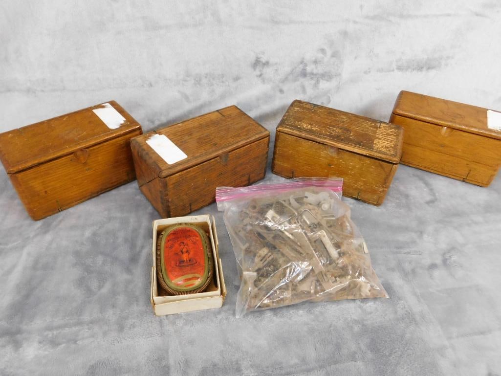 Group of 4 Multi Folding Sewing Parts Boxes - Bag of Machine Parts - Vintage Sewing Pad - 16