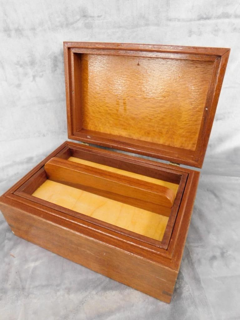 Vintage Heavy Hinged Lid Wood Box With Tray - 6" x 12" x 8" - 4