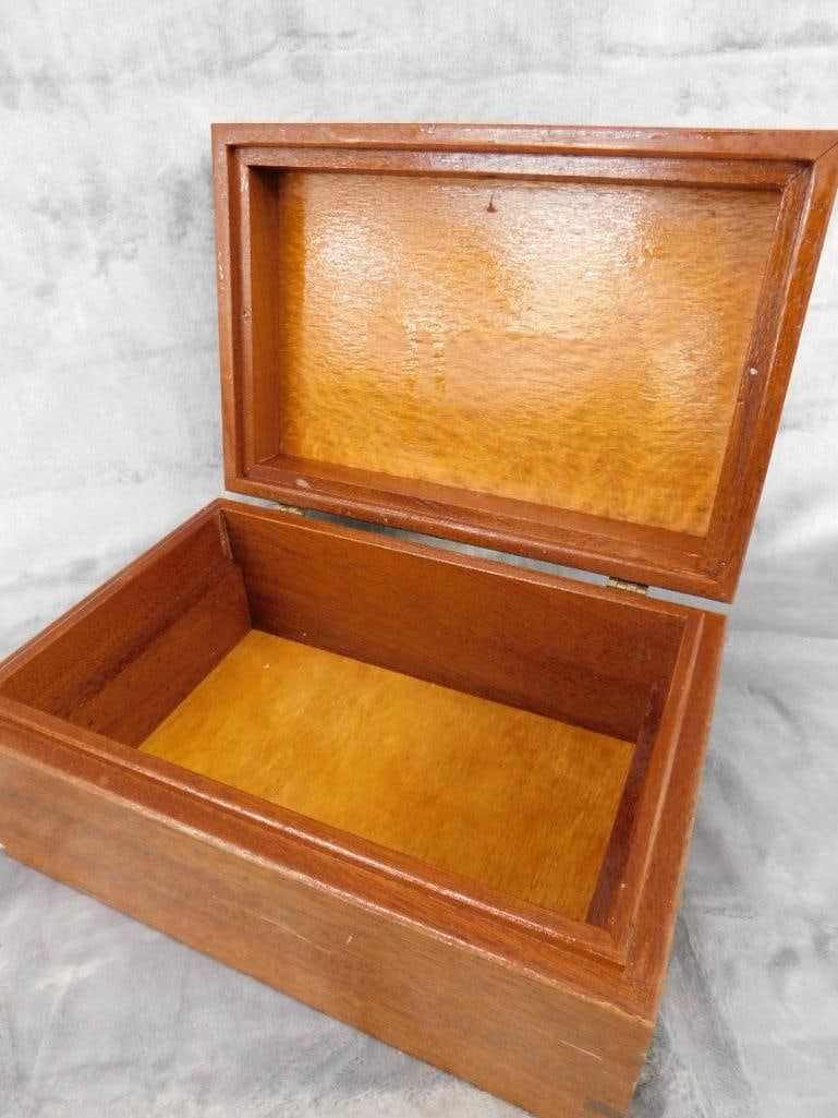 Vintage Heavy Hinged Lid Wood Box With Tray - 6" x 12" x 8" - 5