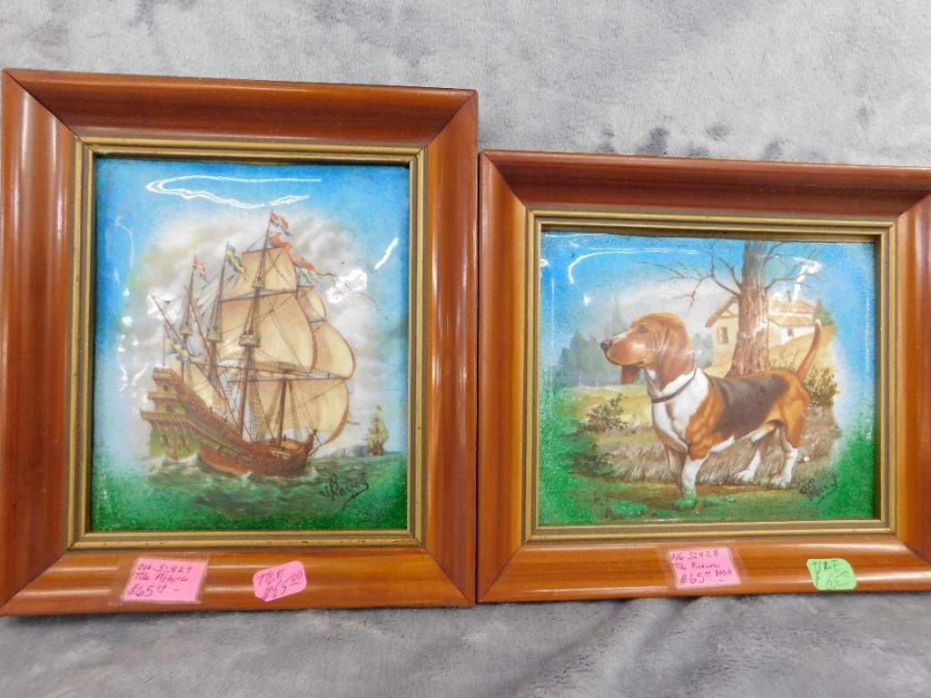 2 Vintage Enamel on Metal Frame Art - Signed V. Pevert - Each 8" x 7" - 10