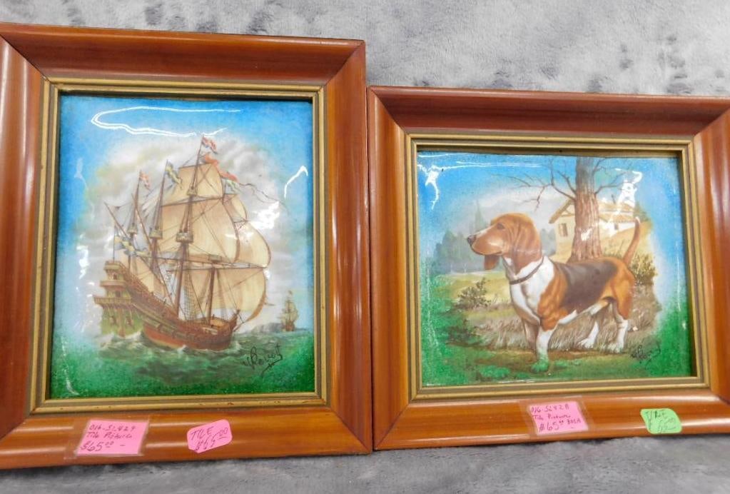 2 Vintage Enamel on Metal Frame Art - Signed V. Pevert - Each 8" x 7": See Photos For Condition and Details