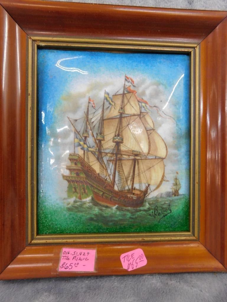 2 Vintage Enamel on Metal Frame Art - Signed V. Pevert - Each 8" x 7" - 2