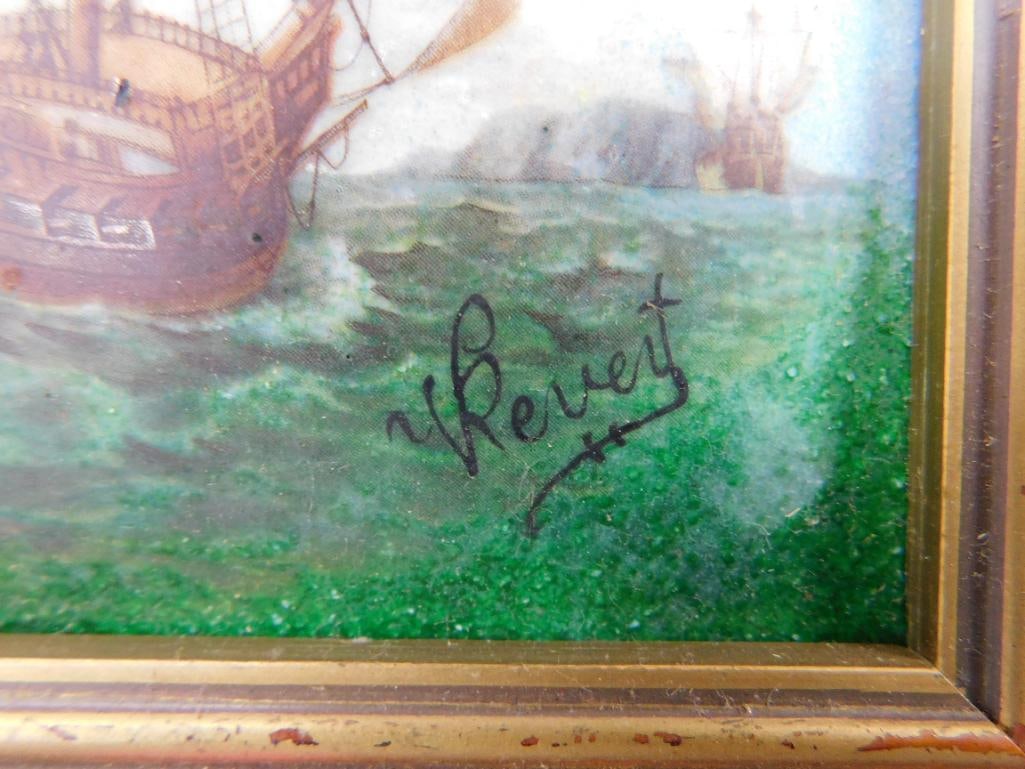 2 Vintage Enamel on Metal Frame Art - Signed V. Pevert - Each 8" x 7" - 4