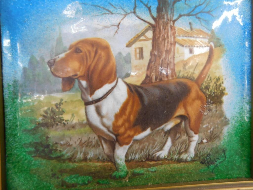 2 Vintage Enamel on Metal Frame Art - Signed V. Pevert - Each 8" x 7" - 7