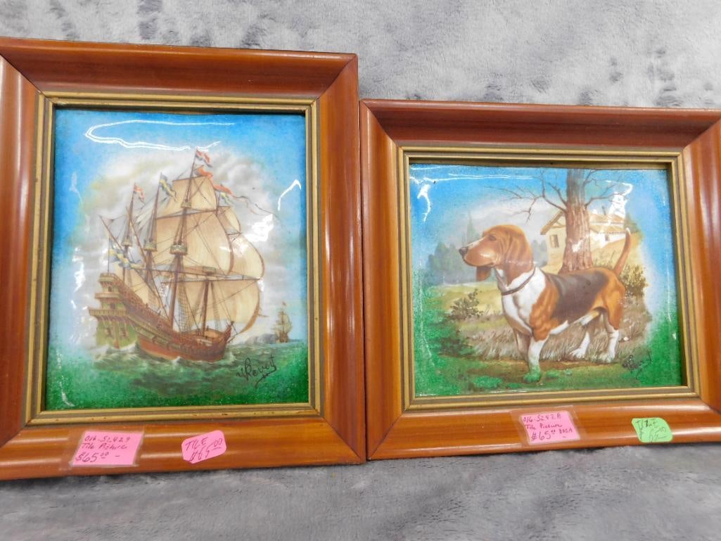 2 Vintage Enamel on Metal Frame Art - Signed V. Pevert - Each 8" x 7" - 9