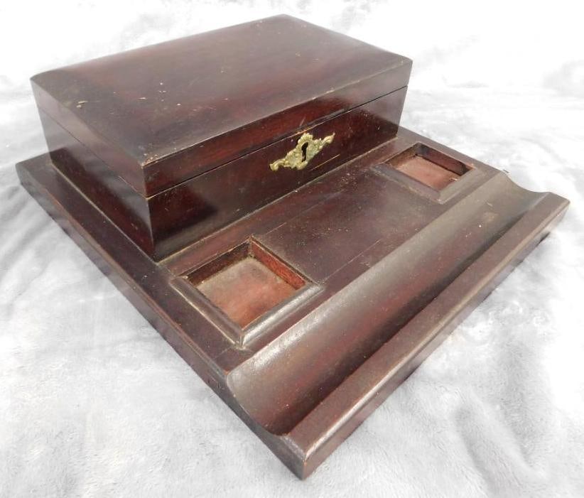 Vintage Mahogany Inkwell Holder and Pen Holder Box - No Key - 3.75" x 11"x 11.75": See Photos For Condition and Details
