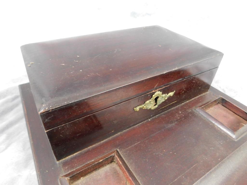 Vintage Mahogany Inkwell Holder and Pen Holder Box - No Key - 3.75" x 11"x 11.75" - 2