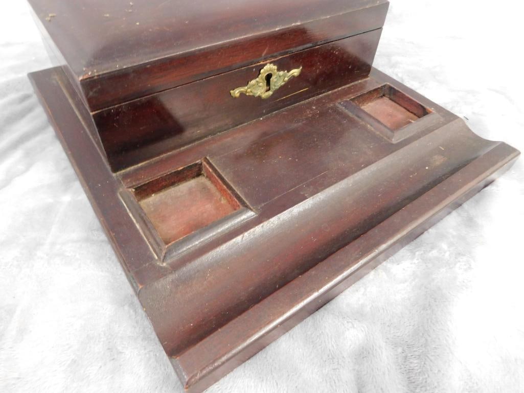 Vintage Mahogany Inkwell Holder and Pen Holder Box - No Key - 3.75" x 11"x 11.75" - 3