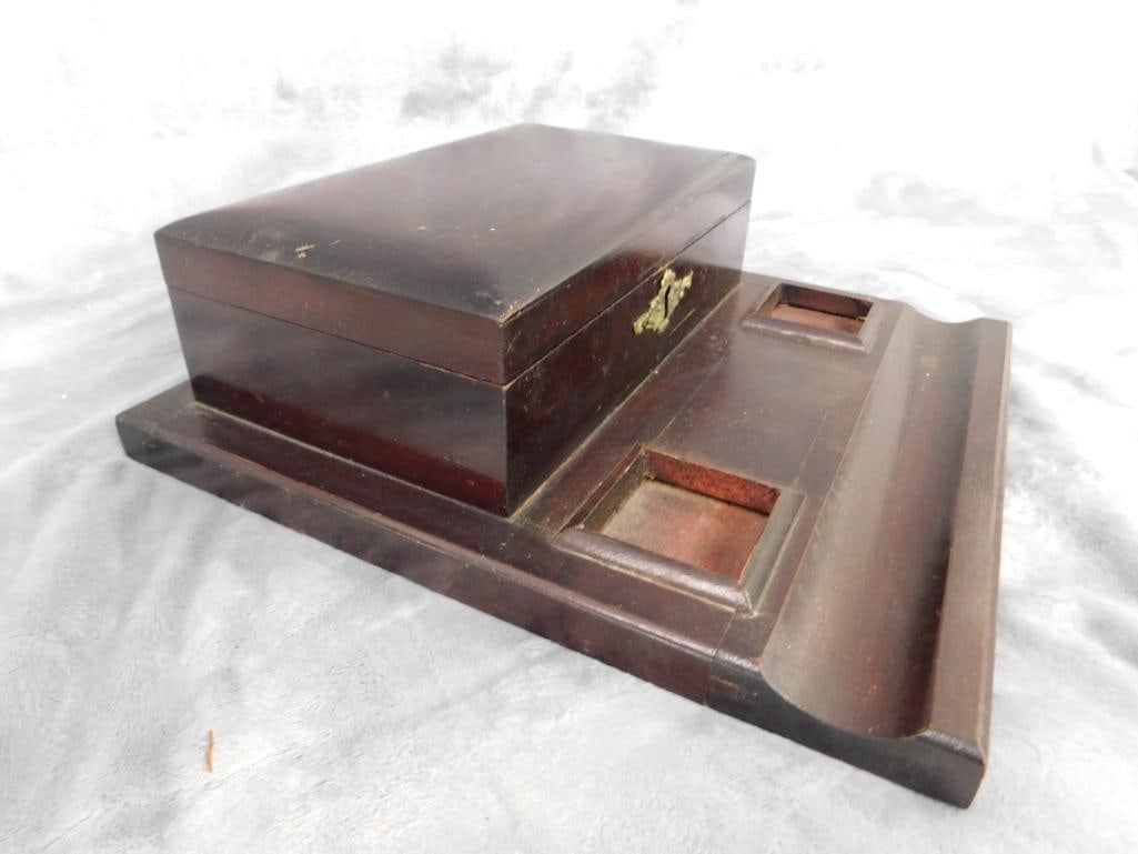 Vintage Mahogany Inkwell Holder and Pen Holder Box - No Key - 3.75" x 11"x 11.75" - 5