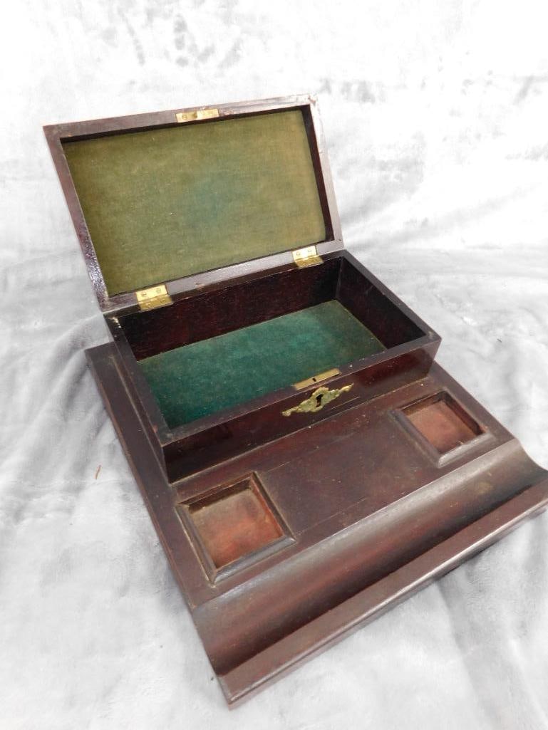 Vintage Mahogany Inkwell Holder and Pen Holder Box - No Key - 3.75" x 11"x 11.75" - 7