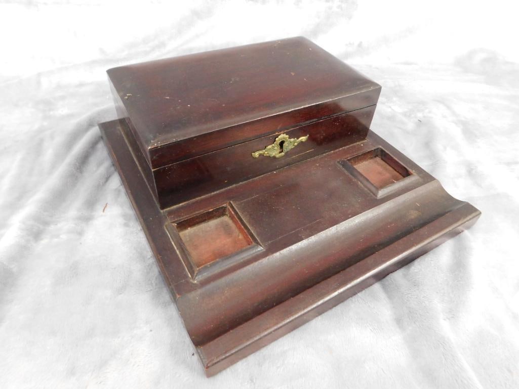 Vintage Mahogany Inkwell Holder and Pen Holder Box - No Key - 3.75" x 11"x 11.75" - 8