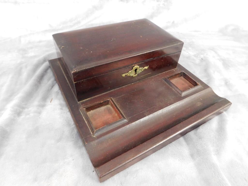 Vintage Mahogany Inkwell Holder and Pen Holder Box - No Key - 3.75" x 11"x 11.75" - 9