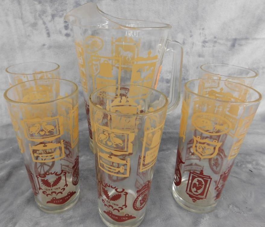 Vintage Pitcher and 5 Glasses - English Inn Theme: See Photos For Condition and Details