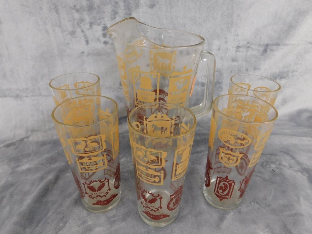 Vintage Pitcher and 5 Glasses - English Inn Theme - 6