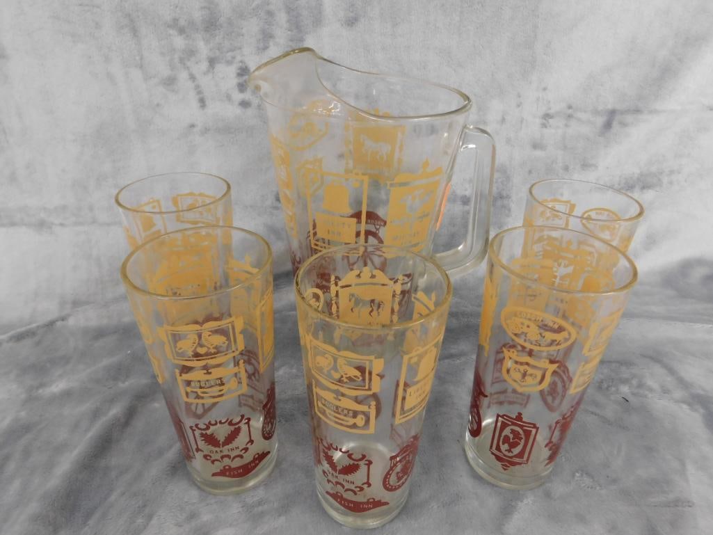 Vintage Pitcher and 5 Glasses - English Inn Theme - 7