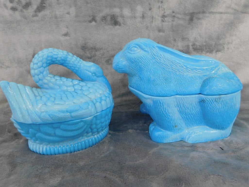 Vintage Powder Blue Swan 5.25" x 5.5" x 4" and Bunny 5.5" x 7.5" x 5.5" Candy Dishes - 10