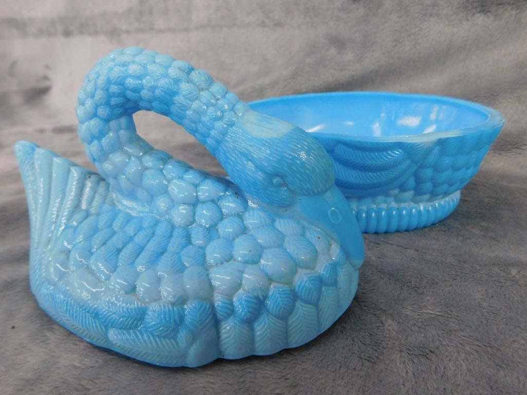 Vintage Powder Blue Swan 5.25" x 5.5" x 4" and Bunny 5.5" x 7.5" x 5.5" Candy Dishes - 3