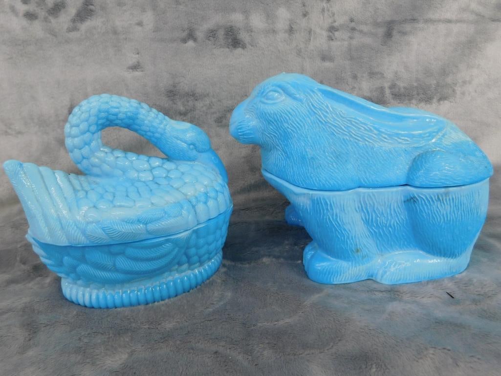 Vintage Powder Blue Swan 5.25" x 5.5" x 4" and Bunny 5.5" x 7.5" x 5.5" Candy Dishes - 9
