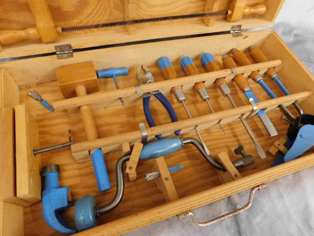 Vintage Childs Tool Set - Wood Case - Case 3.75" x 21" x 11" - 10