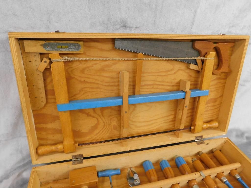 Vintage Childs Tool Set - Wood Case - Case 3.75" x 21" x 11" - 11